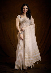 Ivory Gold Linen Silk Saree with Bold Line Weaving